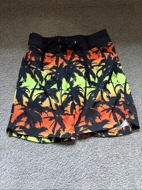art class Boys Palm Print Swim Shorts - Neon Orange, Yellow & Black